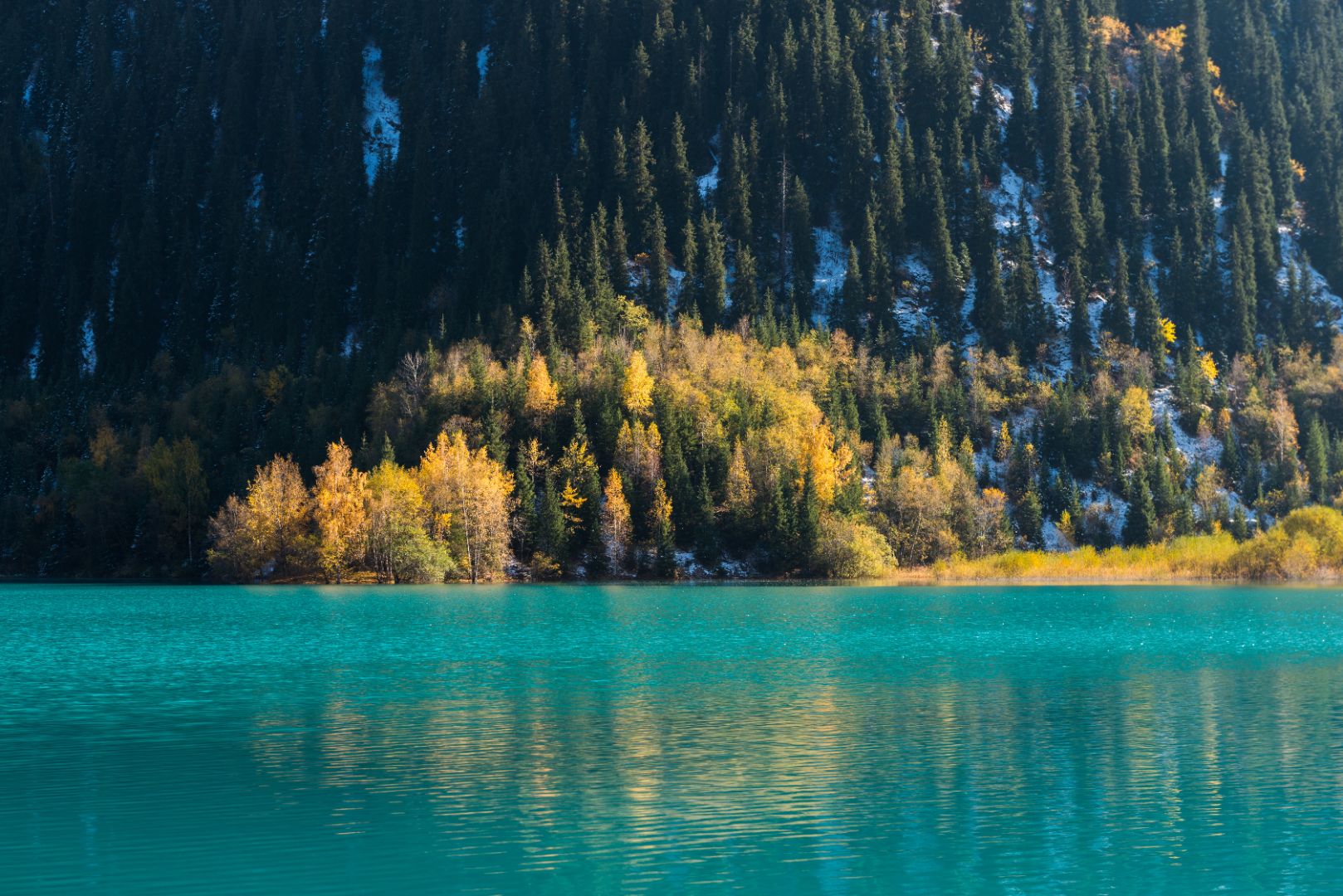 Turquoise lake with forested mountains in the background
