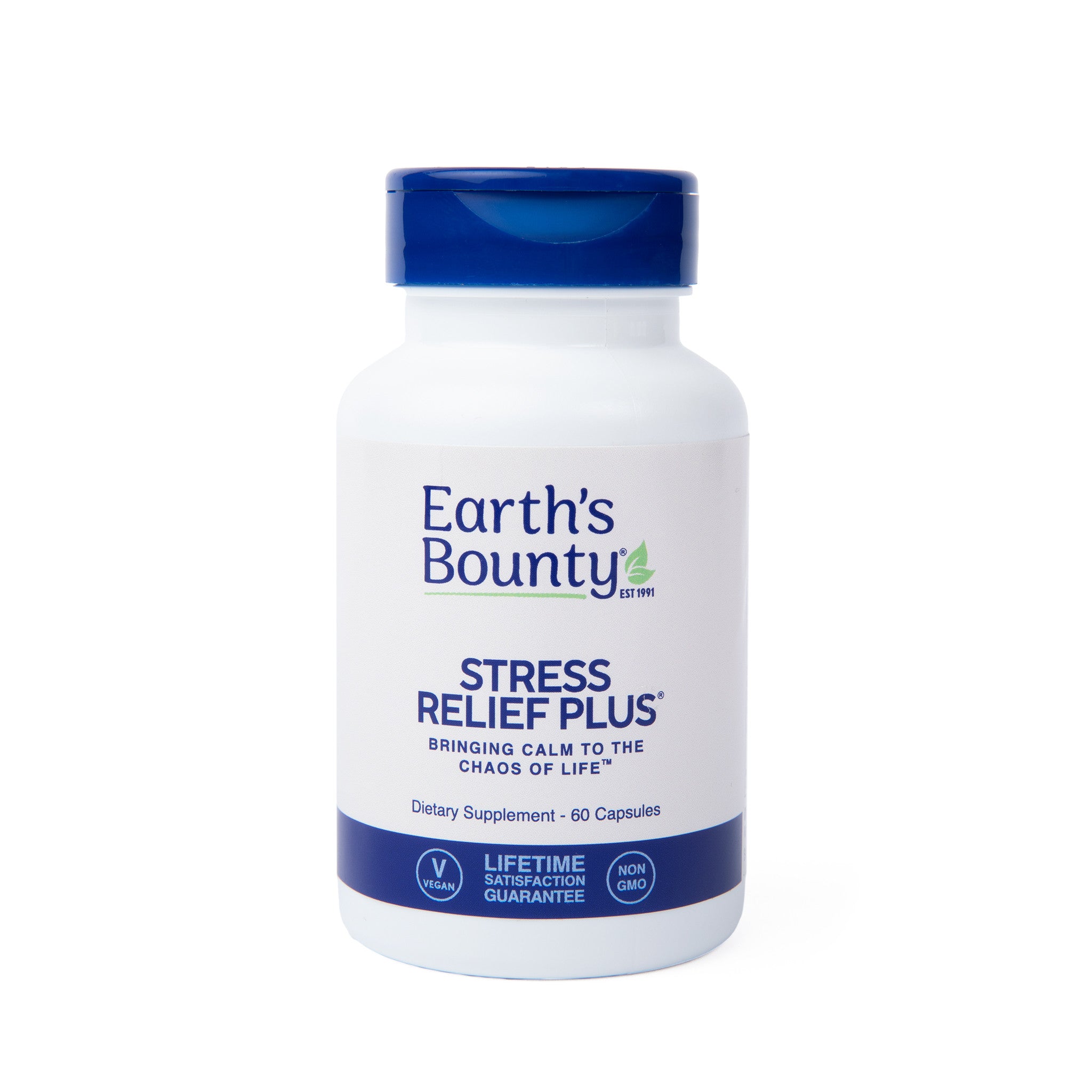 Earth's Bounty Stress Relief Plus supplement bottle on a white background